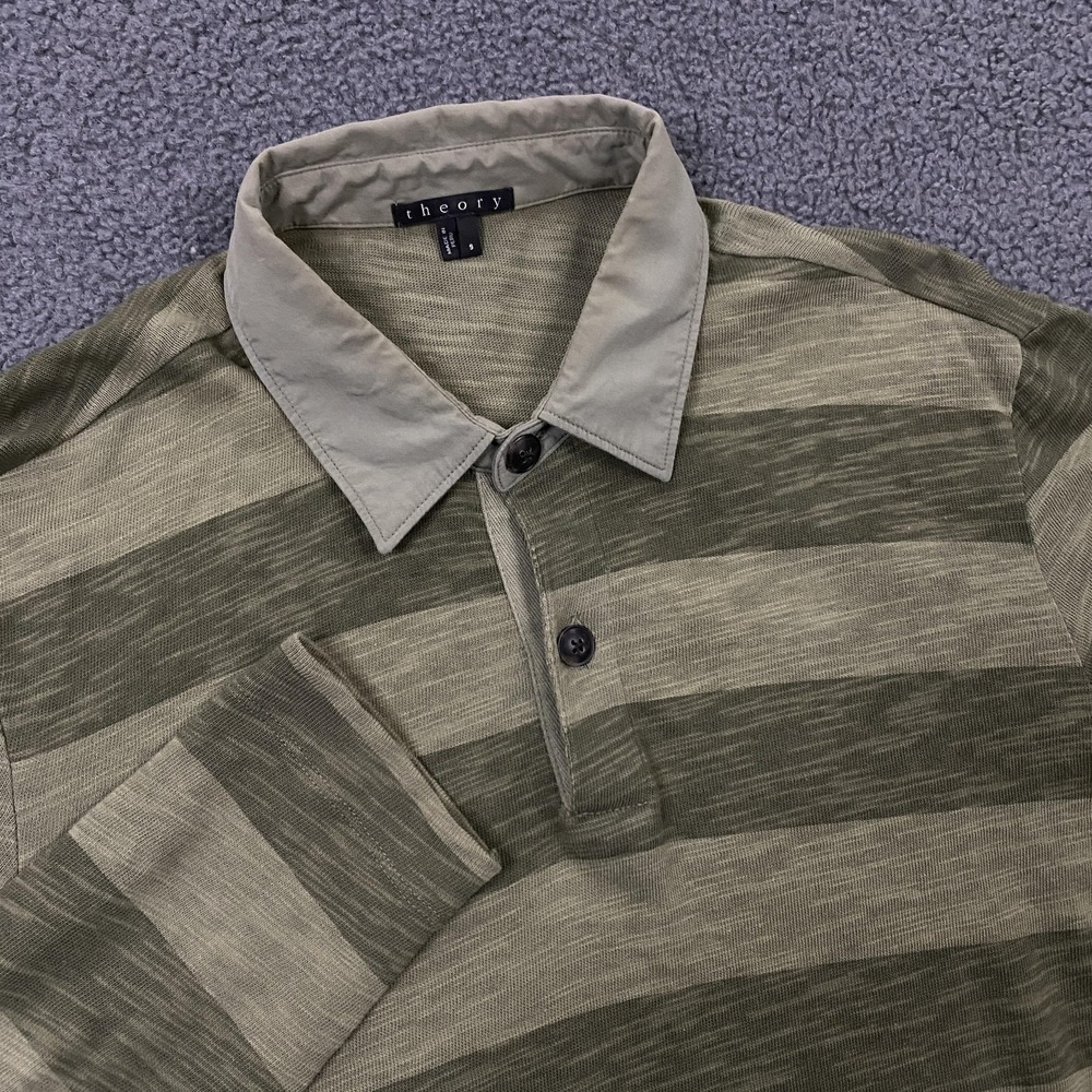 Theory Polo Shirt Mens Small Green Stripe Slub Knit Cotton Rugby Casual